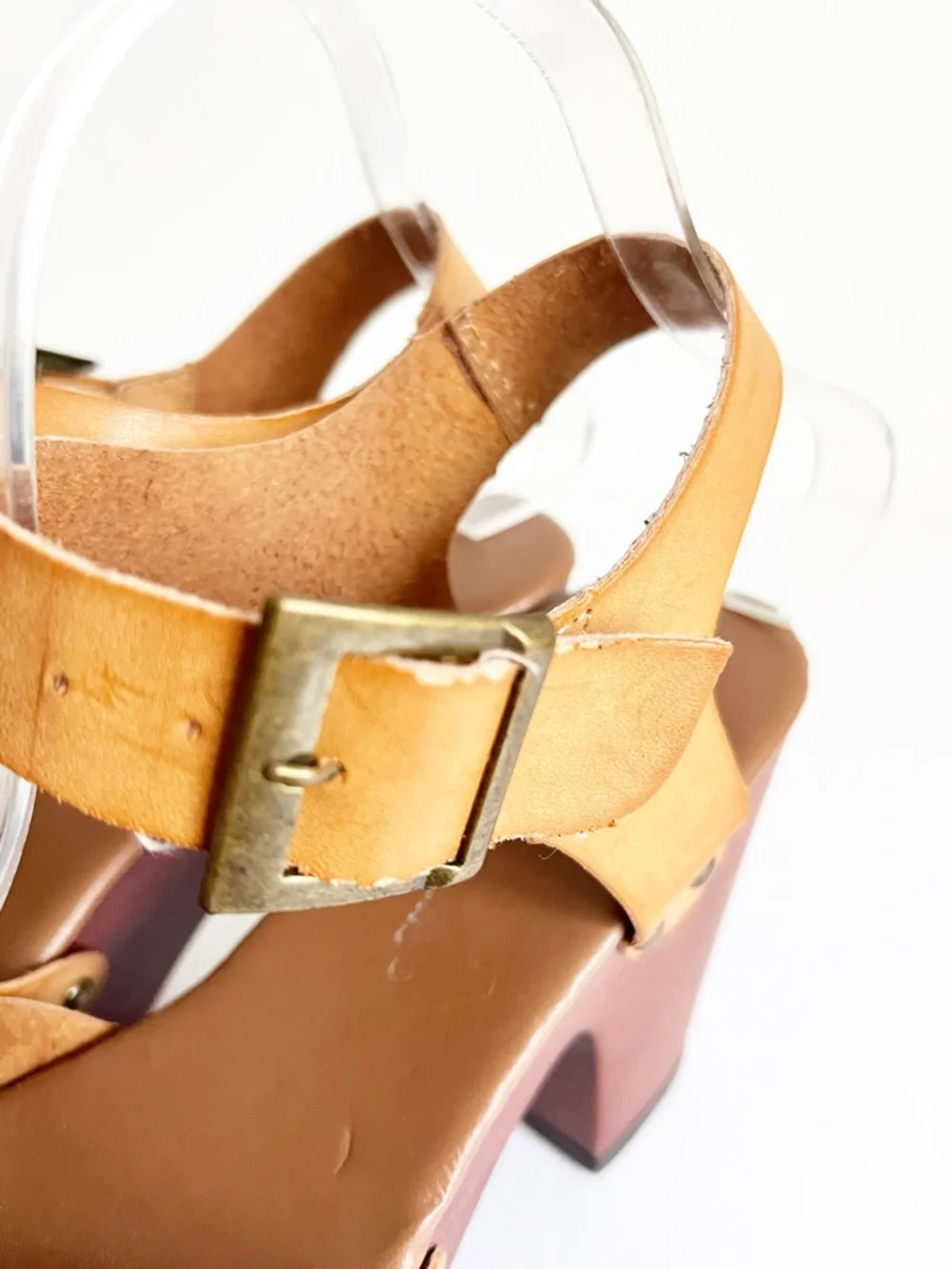 SZ 7 Pierre Dumas Women’s Tan Leather Platform Sandal Heels 70’s